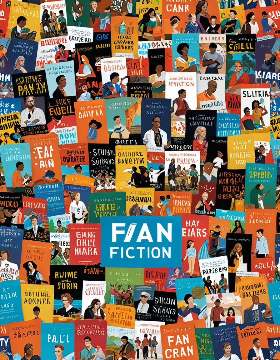 A dynamic collage featuring enthusiastic fan conventions with diverse fans dressed as their favorite genre fiction characters, stacked books with titles labeled 'Fan Fiction' and 'Published Works', a vibrant backdrop of inspiring landscapes, with an overlay of vibrant quotes from authors about fan culture. super-realistic. vibrant colors. 3D.