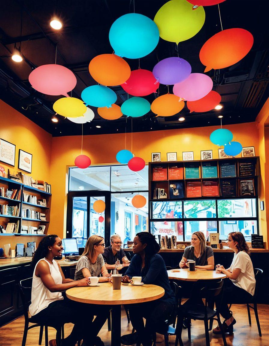 A vibrant scene depicting a diverse group of writers in a cozy café, passionately discussing their fan fiction stories. Around them, colorful thought bubbles filled with iconic characters and scenes from various fandoms float above their heads, symbolizing imagination and creativity. The ambiance is warm with inspiring quotes on the walls, and a large bookshelf overflowing with novels in the background. The overall mood is friendly and collaborative, inviting viewers to explore their own creativity. vibrant colors. 3D.