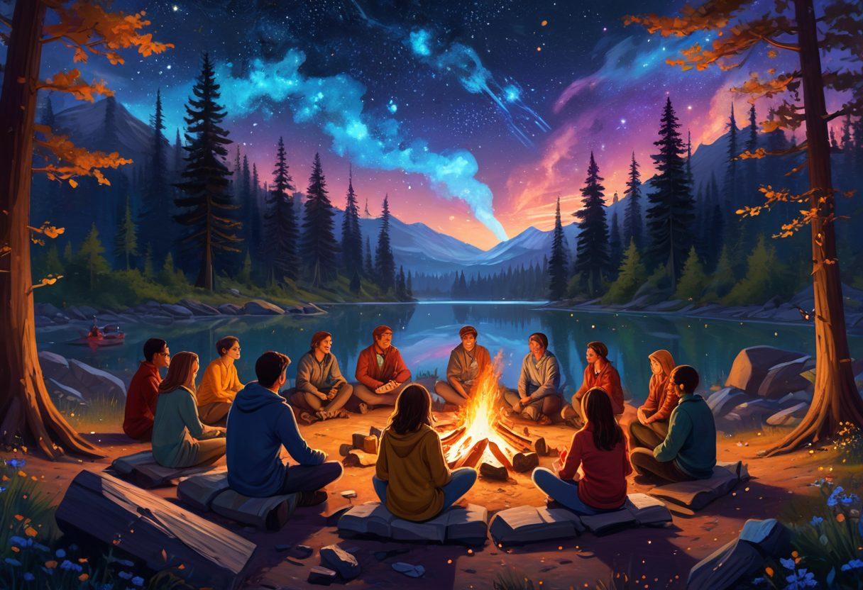 A vibrant illustration depicting a diverse group of fans gathered around a large, glowing storytelling campfire, sharing stories and connecting over various fandoms, such as books, movies, and games. Incorporate elements like cosmic motifs, whimsical characters, and symbols representing different fan communities, all blending together harmoniously. Starry night sky in the background to evoke a sense of wonder and connection. digital painting. vibrant colors.